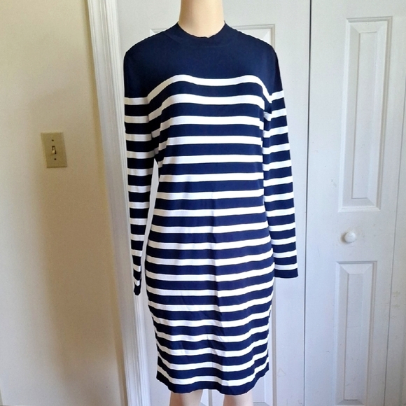 Banana Republic Navy and White Striped Long Sleeve Dress Size Large - Picture 1 of 6